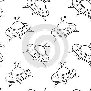 Seamless childish pattern with Flying Saucers, UFO. Vector background and texture for fabric, wrapping, wallpaper, textile,