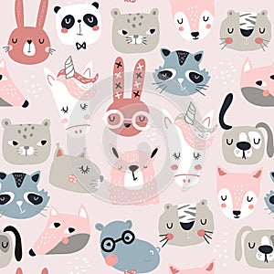 Seamless childish pattern with funny animals faces . Creative scandinavian kids texture for fabric, wrapping, textile, wallpaper,