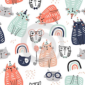 Seamless childish pattern with funny colorful cats and ranbows . Creative scandinavian kids texture for fabric, wrapping, textile