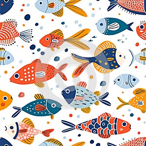 Seamless childish pattern with funny fishes. Creative scandinavian kids texture for fabric, wrapping, textile, wallpaper