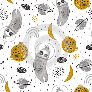 Seamless childish pattern with funny sloth in a helmet surrounded by space elements. Creative kids city texture for fabric,