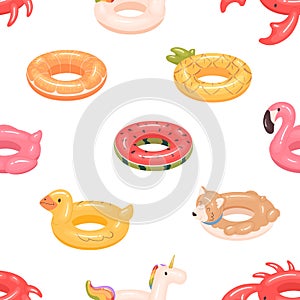 Seamless childish pattern with inflatable swimming rubber rings on white background. Endless repeatable texture with