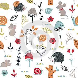 Seamless childish pattern with mouses, snail, hedgehogs and mushroom