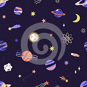 Seamless childish pattern with planet, star and comet in space. Cosmos background with celestial objects. Endless