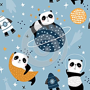 Seamless childish pattern with slepping pandas on moons and starry sky. Creative kids texture for fabric, wrapping, textile,