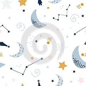 Seamless childish pattern with starry sky, moon. Creative kids texture for fabric, wrapping, textile, wallpaper, apparel. Vector