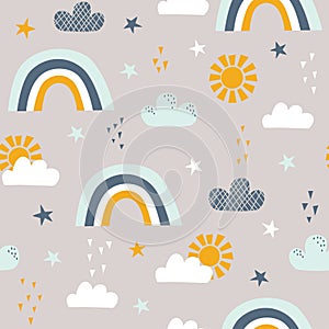 Seamless childish pattern with sun, rainbow, clouds and stars