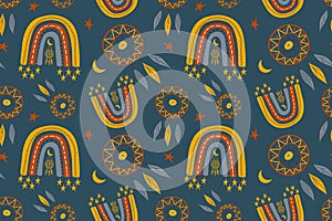 Seamless childish pattern with trendy rainbows and dream catchers. Creative scandinavian kids texture for fabric, wrapping,