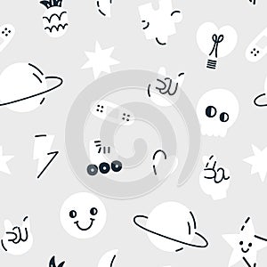 Seamless childish pattern with white badges and stickers. Creative kids monochrome texture for fabric, wallpaper, apparel. Vector