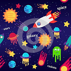 Seamless children cartoon space pattern with rockets, planets, stars, the dark night sky background. Vector illustration