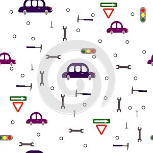 Seamless children`s boyish pattern. Transport, road signs, tools on a white background.