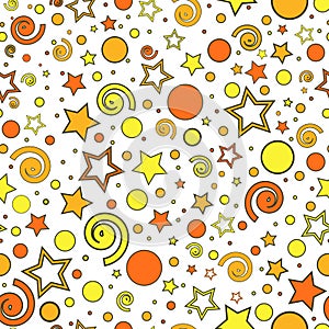 Seamless children`s pattern of orange and yellow dots, stars, curls and circles, on a white background, vector