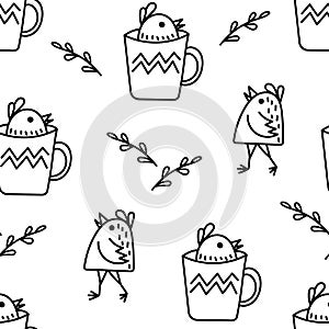 Seamless children`s pattern with small funny birds, flowers and cups. Creative texture, children`s pattern for fabric, packaging