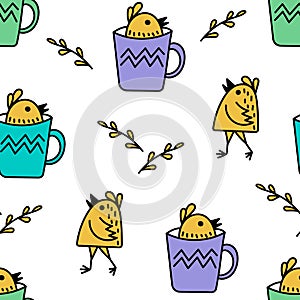 Seamless children`s pattern with small funny birds, flowers and cups. Vector illustration