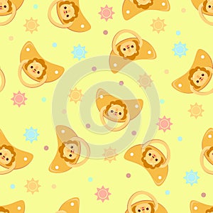 Seamless children's pattern on a yellow background. A dummy with a lion. Pacifier for children