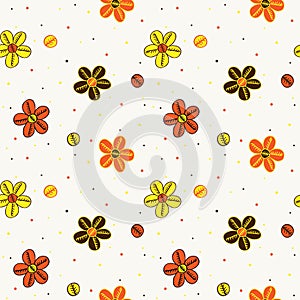 Seamless children`s pattern, yellow and orange flowers on a beige background