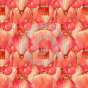 Seamless chinese lanterns pattern. Watercolor background with red and gold textile and paper lantern for fabric,new year wrapping
