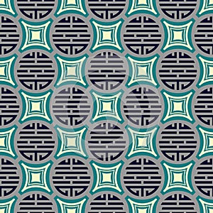 Seamless Chinese Pattern of stylized Lucky Symbols. Blue and white oriental ornament