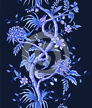 Seamless chinoiserie pattern with branches, flowers and birds. Vector.