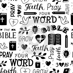 Seamless christian pattern with hand lettering words Faith, pray, Bible, grow, your Word, 3 16 photo