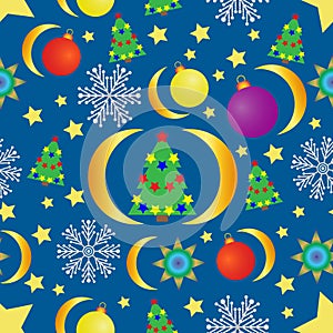 Seamless Christmas abstract pattern with fir trees, new year balls, month, snowflakes on a blue background.