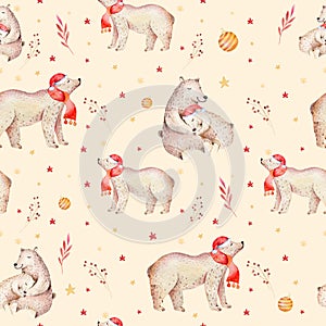 Seamless Christmas baby bear seamless pattern. Hand drawn winter backgraund with bear, snowflakes. Nursery animal