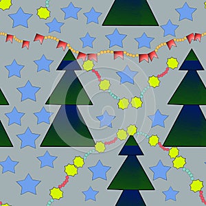 Seamless christmas background with christmas fir-tree and decorations with flags and blue, yellow asterisks