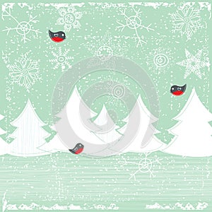 Seamless Christmas background with decorative Christmas trees, with winter forest and birds