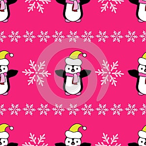 Seamless Christmas background with ornamental snowflakes and penguins