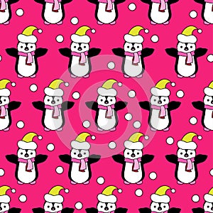 Seamless Christmas background with ornamental snowflakes and penguins