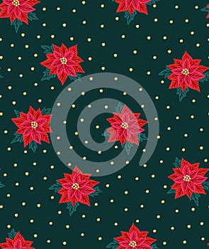 Seamless Christmas background with red poinsettias and gold beads. photo