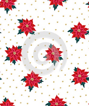 Seamless Christmas background with red poinsettias and gold beads. photo