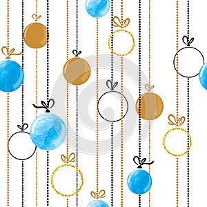 Seamless Christmas balls pattern in blue and golden colors