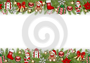 Seamless christmas border with pine branches, toys, gift boxes and decorations