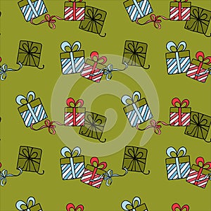 Seamless Christmas and Happy New Year pattern with gift boxes on green background