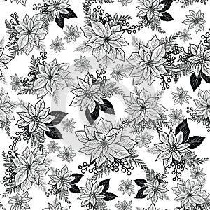 Seamless Christmas line art pattern with poinsettia, holly, berries.