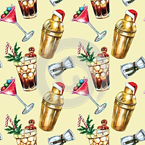 Seamless Christmas New Year Eye Winter Holiday Cocktail Liquor Bar Party Hand Drawn Pattern.