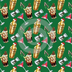 Seamless Christmas New Year Eye Winter Holiday Cocktail Liquor Bar Party Hand Drawn Pattern green background. Girt paper