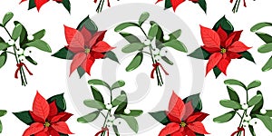 Seamless Christmas and New Year pattern featuring mistletoe with white berries and poinsettia flowers in red and green on a photo