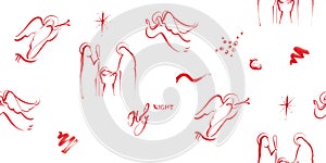 Seamless Christmas pattern, background with red graphics from nativity scene, angels. For festive Christmas design publications,