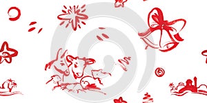 Seamless Christmas pattern, background with red graphics from nativity scene: Jesus Christ in manger with animals, star of