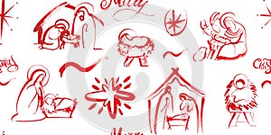 Seamless Christmas pattern, background with red graphics from nativity scenes. For festive Christmas publications, products,