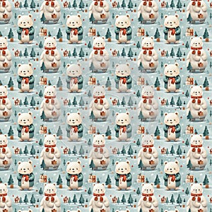 Seamless christmas pattern with bears and gifts