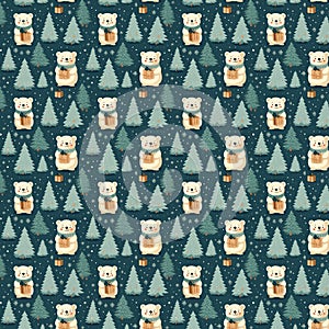 Seamless christmas pattern with bears and gifts