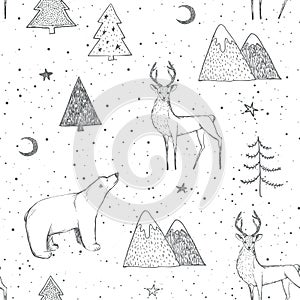 Seamless Christmas pattern with black bear, reindeer / deer, mountains, moon, spruce on white background