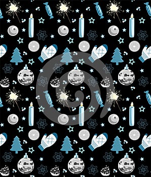 Seamless Christmas pattern, black, white and blue, vector illustration