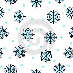 Seamless Christmas pattern with blue snowflakes on white background. Winter decoration. Happy new year, cold season