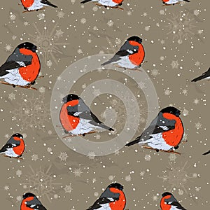 Seamless Christmas pattern with bullfinch ink style.