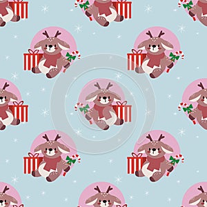 Seamless Christmas pattern with cartoon Reindeer and Christmas tree on light blue background in flat style. EPS. Vector