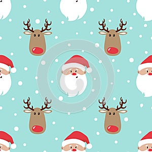 Seamless Christmas pattern with cartoon Santa and deer.